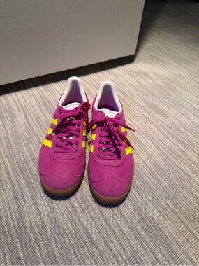 adidas Magenta Suede Sneakers with Yellow Stripes